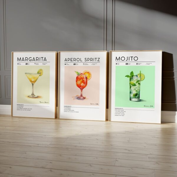 Set of 3 Cocktail Prints | Aperol Spritz, Margarita, Mojito