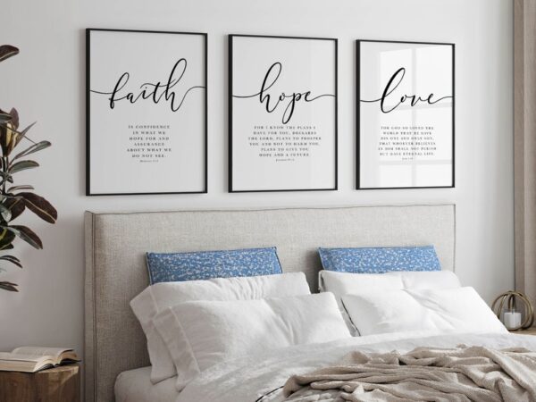 Set of 3 - Faith, Hope, Love, Bible Verse Wall Arts