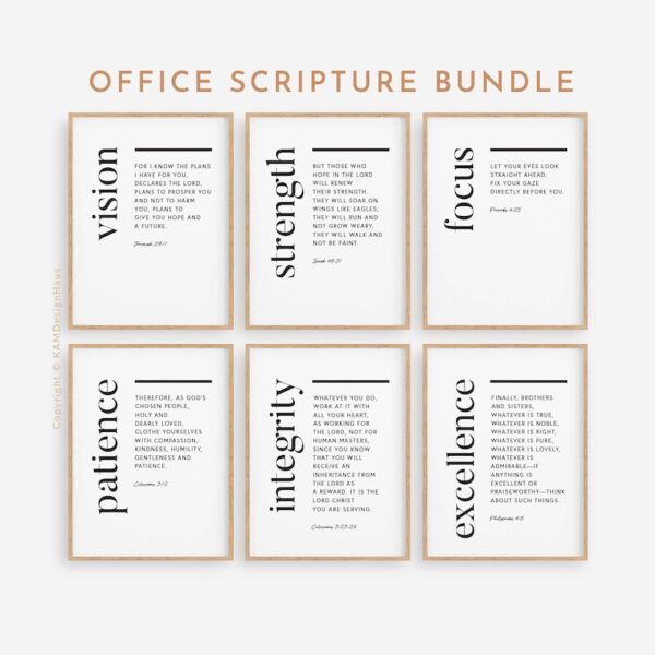 Office Scripture, Bible Verse Printable Wall Art, Christian Print Download, Set of 6 Bible Verse Wall Art, Office Wall Decor, Various Sizes