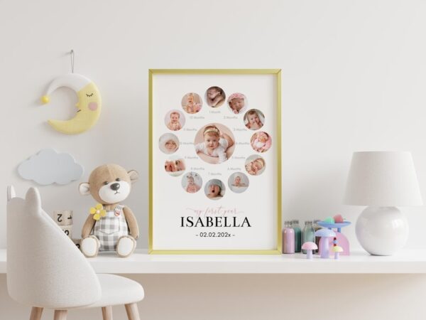 Editable First Year Photo Collage, 12 Month Photo Print, First Birthday Photo Milestone, Baby's First Year Poster, Customizable Template.