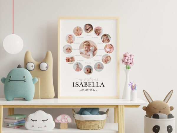 Editable First Year Photo Collage, 12 Month Photo Print, First Birthday Photo Milestone, Baby's First Year Poster, Customizable Template.