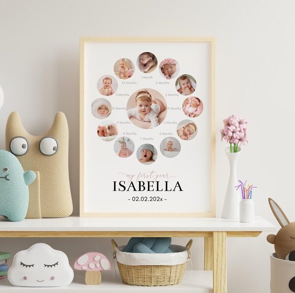 Editable First Year Photo Collage, 12 Month Photo Print, First Birthday Photo Milestone, Baby's First Year Poster, Customizable Template.