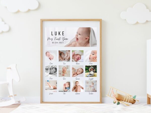 First Year Photo Collage Template | 12 Month Photo Collage | 1st Birthday Collage | Baby Photo Poster | Minimal Milestone Poster |