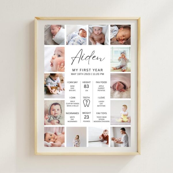 First Birthday Milestone Sign, 1st Birthday Milestone Poster, 1st Birthday Photo Collage Sign, Editable One Year Baby Photos Milestone Board