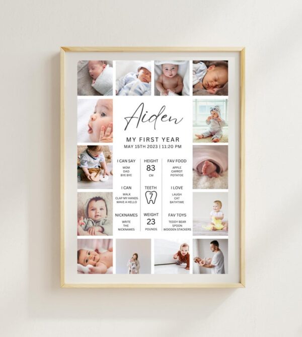 First Birthday Milestone Sign, 1st Birthday Milestone Poster, 1st Birthday Photo Collage Sign, Editable One Year Baby Photos Milestone Board