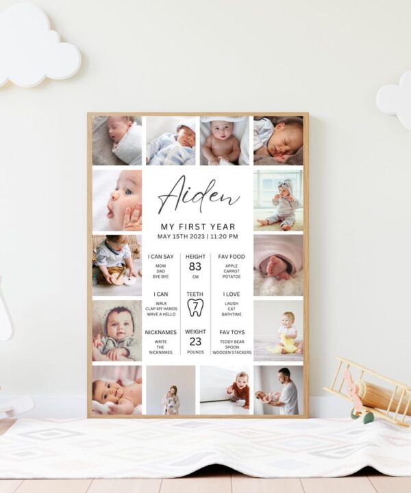 First Birthday Milestone Sign, 1st Birthday Milestone Poster, 1st Birthday Photo Collage Sign, Editable One Year Baby Photos Milestone Board