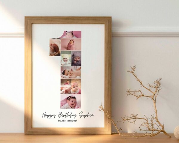Birthday Number 1 Photo Collage, Birthday gift, First Birthday Photo Milestone Sign, Editable 1st Birthday Photo Poster Template, Canva