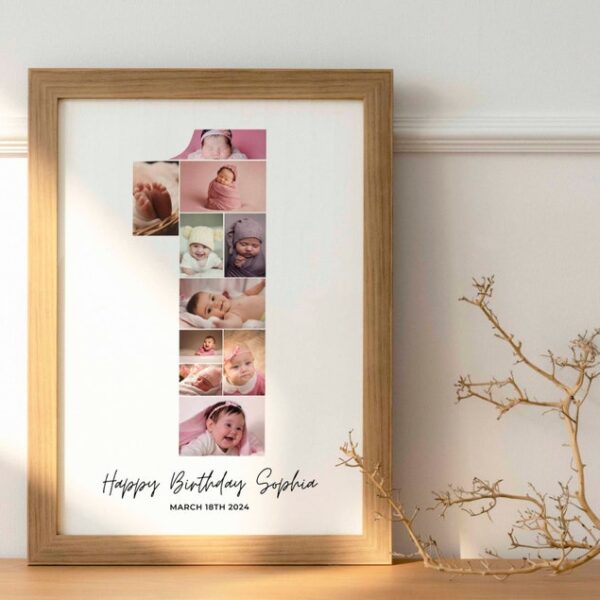 Birthday Number 1 Photo Collage, Birthday gift, First Birthday Photo Milestone Sign, Editable 1st Birthday Photo Poster Template, Canva