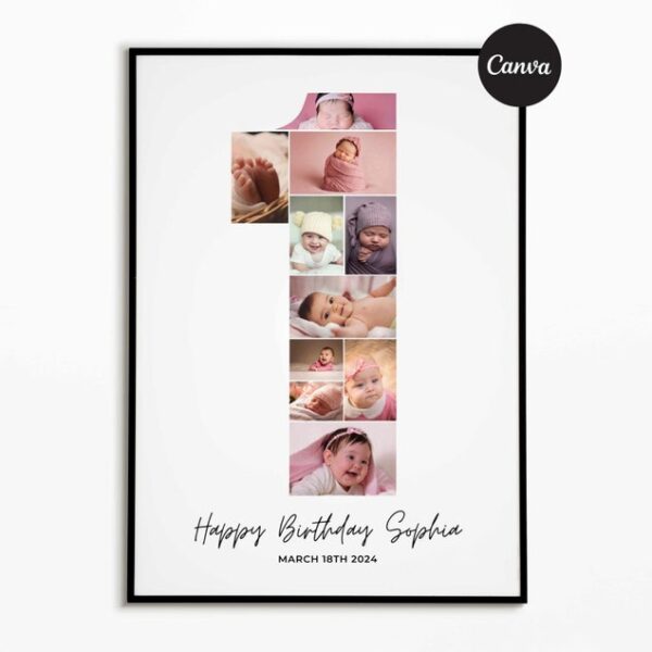 Birthday Number 1 Photo Collage, Birthday gift, First Birthday Photo Milestone Sign, Editable 1st Birthday Photo Poster Template, Canva