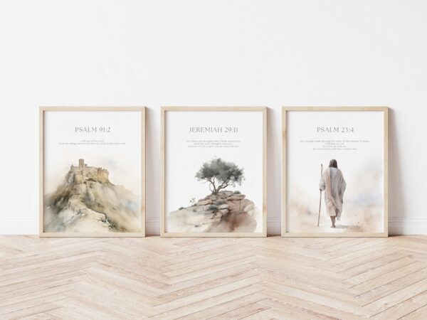 Set of 3 Bible Verse, Psalm 23 4, Jeremiah 29 11, Psalm 91 2, Jesus painting, Print, Jesus portrait, Jesus wall art, Inspirational quotes